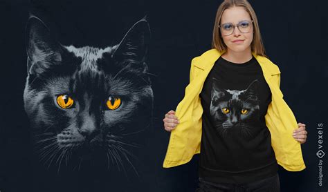 Camiseta de ojos amarillos de gato aterrador, Negro, S.